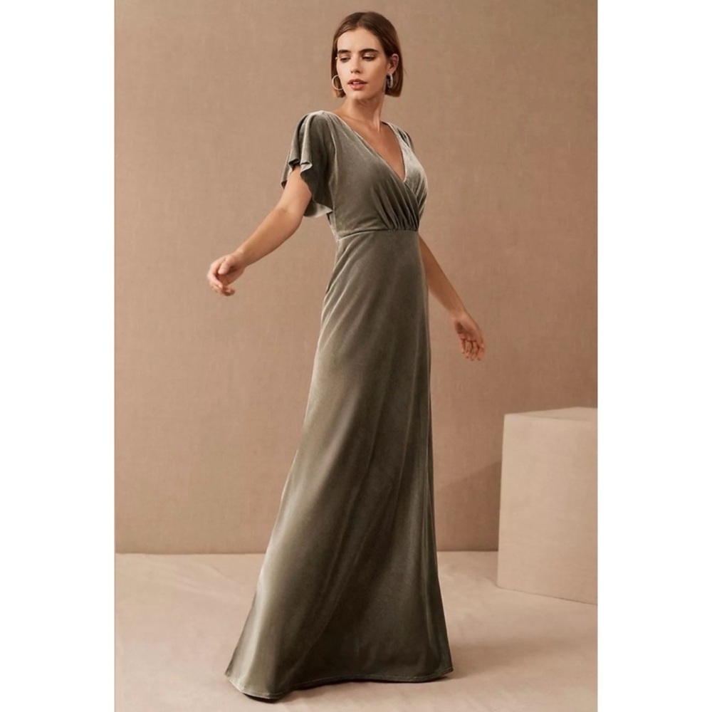 NWT Jenny Yoo Ellis Velvet Maxi Dress Flutter Sleeve Green Womens Size 10